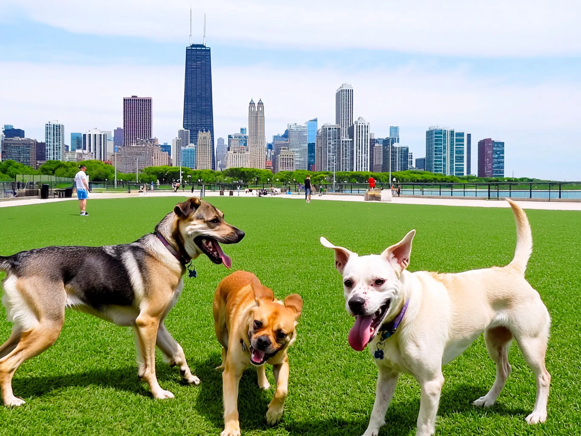 Best dog parks in Chicago featuring playful dogs with the Willis Tower and Chicago skyline in the background, capturing the city’s dog-friendly charm.