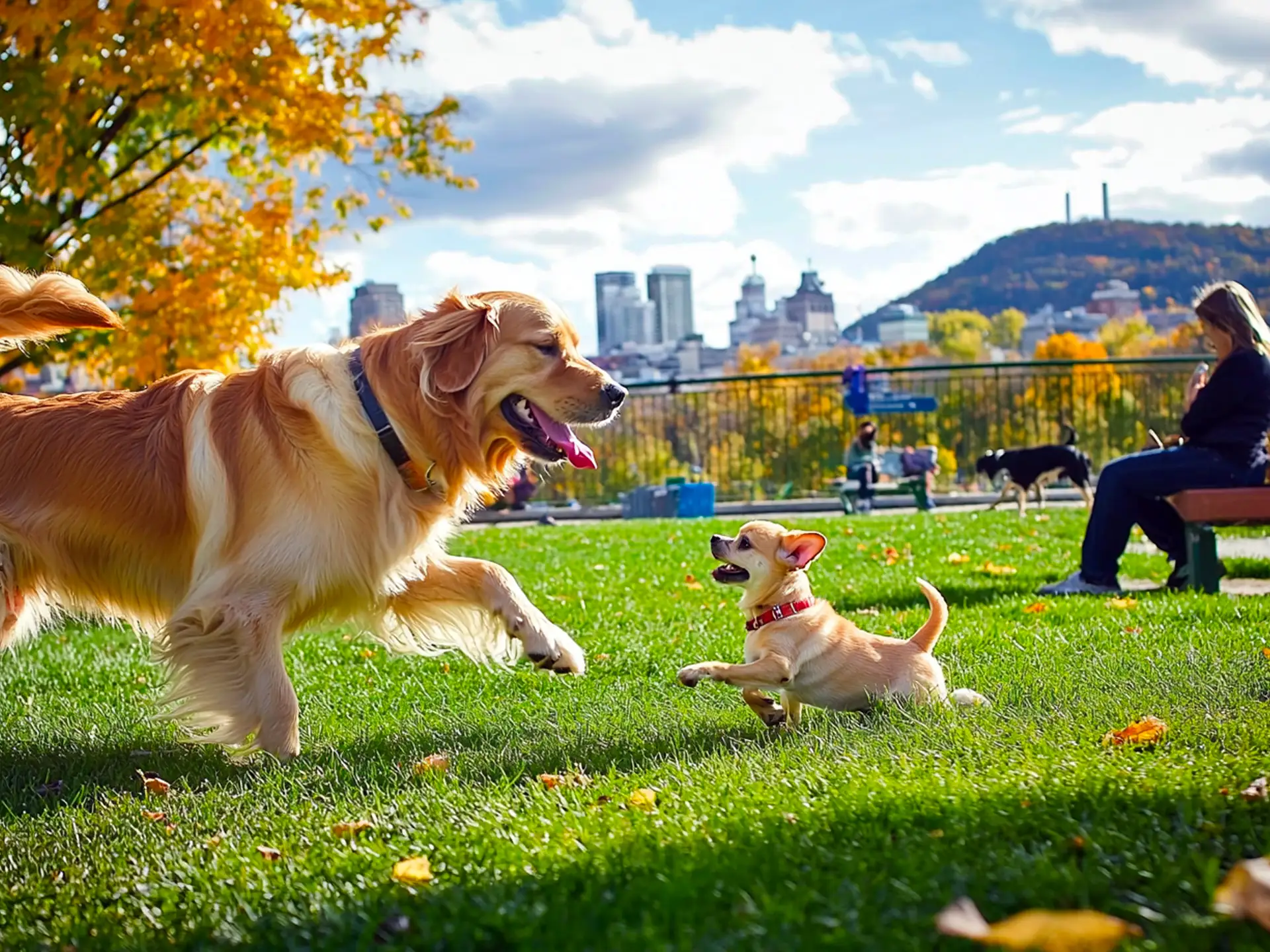 A scenic dog park in Montreal with dogs playing in a grassy area, Mount Royal in the background, and a warm, inviting atmosphere—showcasing the best dog parks in Montreal.