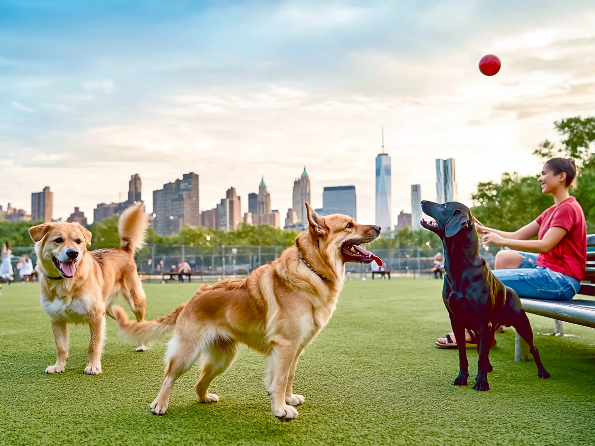 Best dog parks in New York City featuring dogs playing in a grassy park with the Manhattan skyline in the background, capturing NYC's dog-friendly charm.