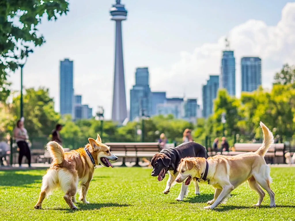 Best dog parks in Toronto featuring playful dogs with the CN Tower and Toronto skyline in the background, highlighting the city's vibrant and dog-friendly charm