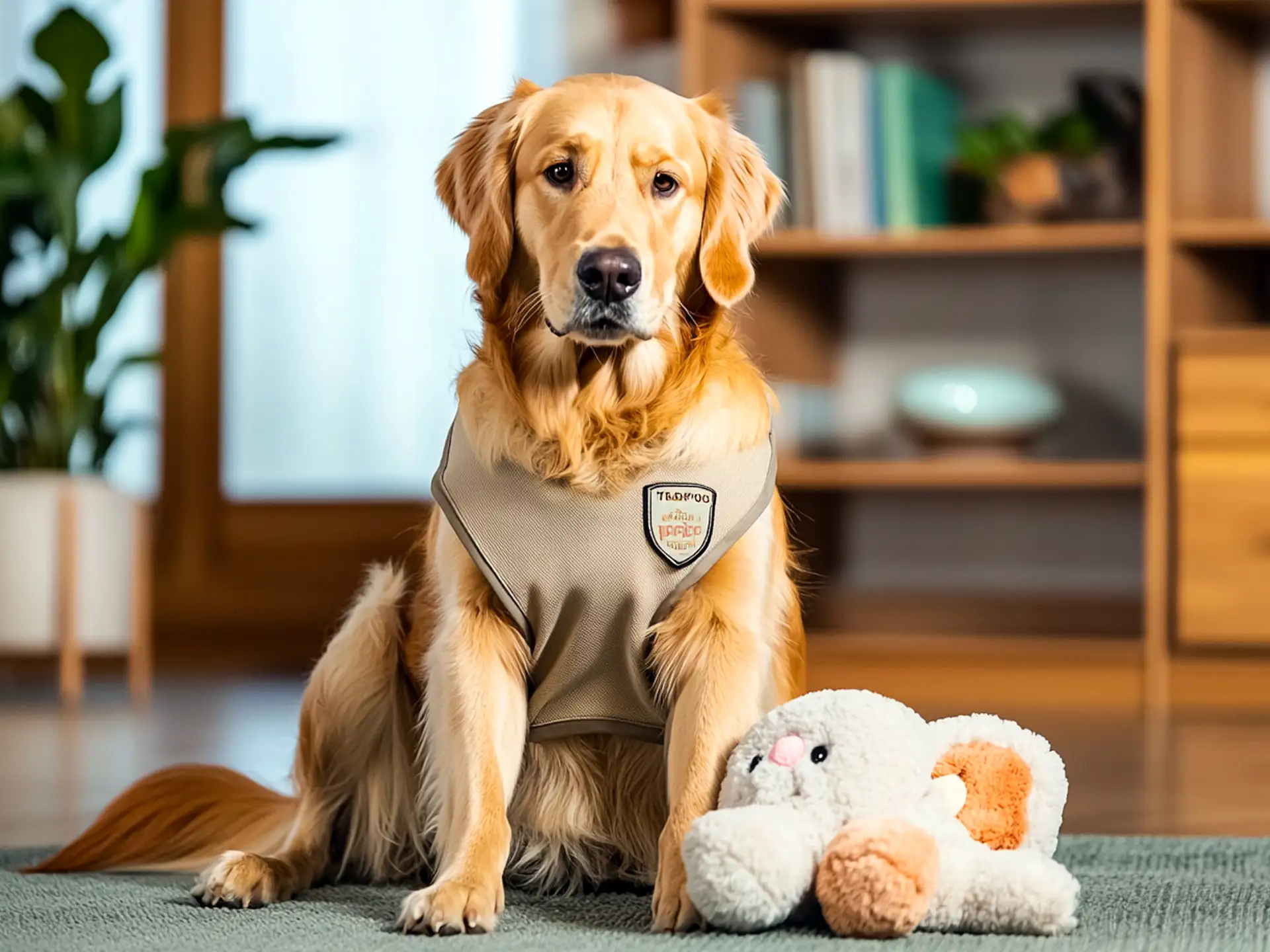 Golden Retriever therapy dog sitting calmly with a soft plush toy, symbolizing its comforting role, in a cozy and welcoming therapy room.