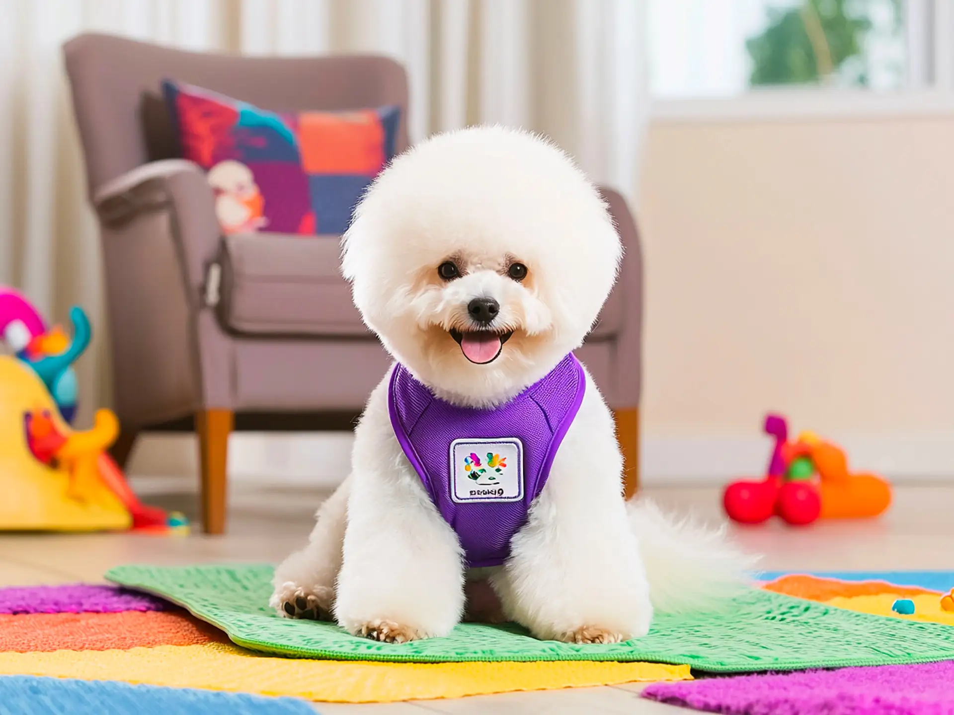 Bichon Frise therapy dog wearing a purple vest, sitting calmly on a therapy mat in a bright, soothing therapy room, highlighting its cheerful and comforting presence.