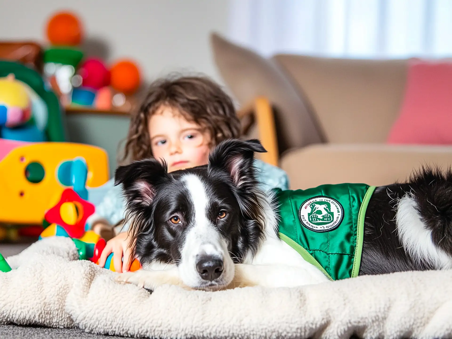 Border Collie therapy dog lying next to a child in a cozy therapy room, showcasing its empathy and intelligence, ideal for autism and emotional support.