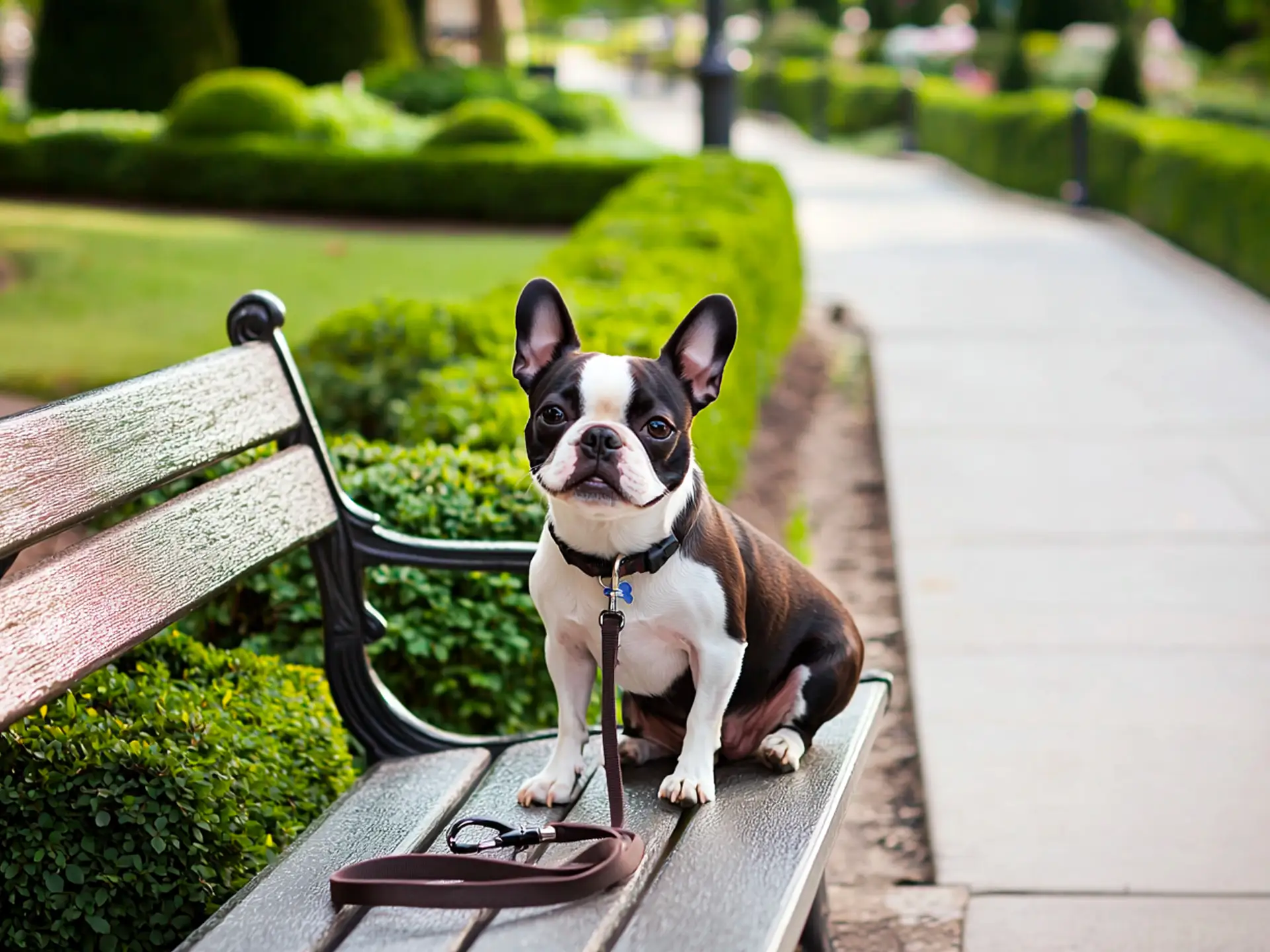 Boston Terrier sitting on a park bench, showcasing its sleek, low-maintenance coat and adaptability to urban living for busy owners.