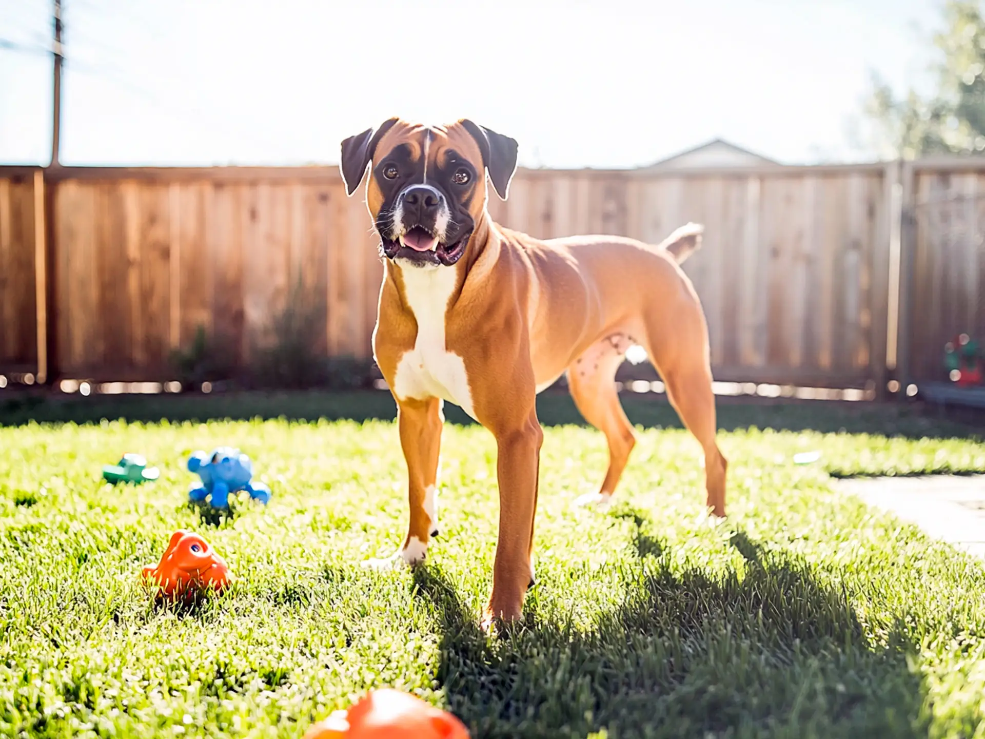 Boxer standing in a sunny backyard, showcasing its short, low-maintenance coat and playful, energetic nature perfect for active owners.