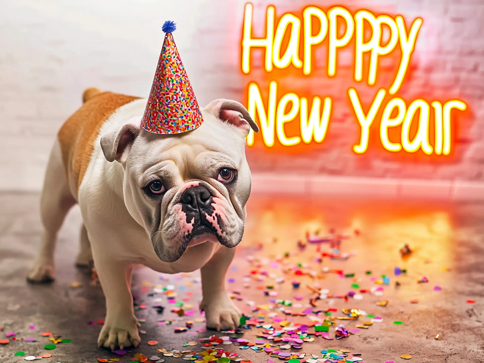 Adorable English Bulldog with a tiny party hat and a neon celebration sign, exemplifying one of the best dog breeds for 2025