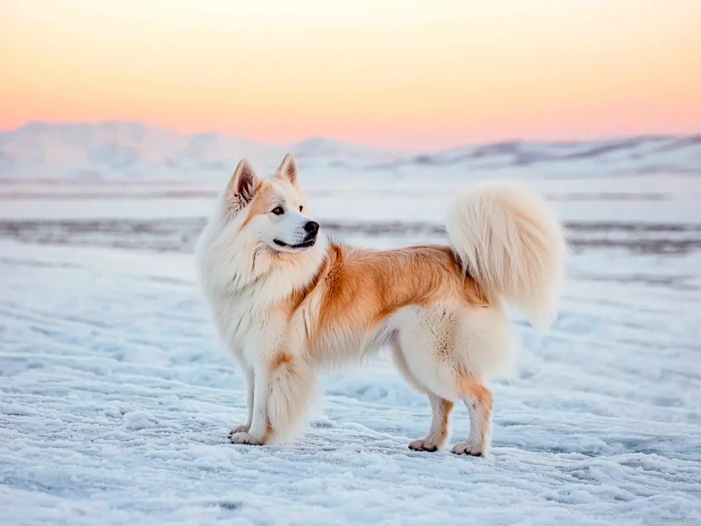 Canadian Eskimo Dog standing on a snowy Arctic tundra, showcasing its thick fur and resilience, symbolizing its rarity and status as one of the most expensive dog breeds.