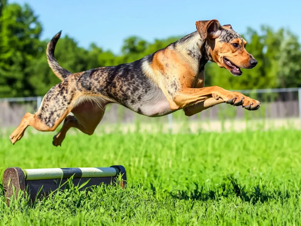 Catahoula Leopard Dog mid-jump in an outdoor agility course, highlighting its athletic abilities