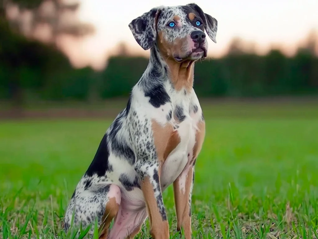 Light-colored Catahoula Leopard Dog with heterochromia, representing potential deafness risk in the breed