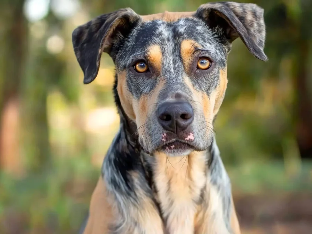 Close-up of a Catahoula Leopard Dog with amber eyes, showing its expressive and intelligent gaze