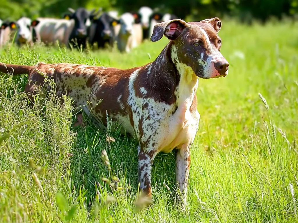 Catahoula Leopard Dog herding cattle using its unique canine wall technique in a grassy field