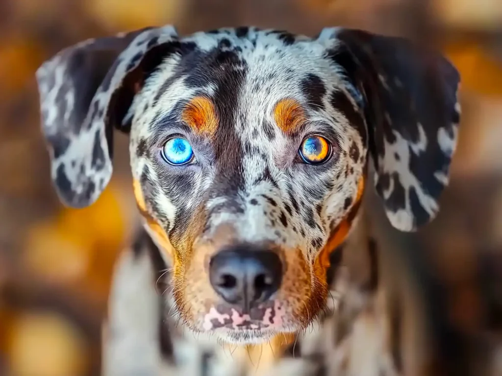 Close-up of a Catahoula Leopard Dog with heterochromia, featuring a blue and amber eye