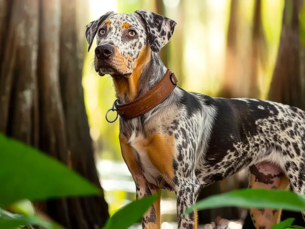 Catahoula Leopard Dog standing in a Louisiana swamp, symbolizing its status as the state dog