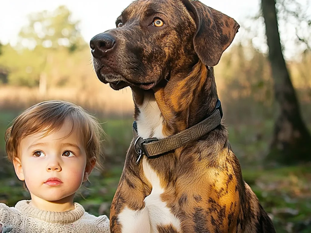 Catahoula Leopard Dog sitting protectively beside a child, showing loyalty and calmness.