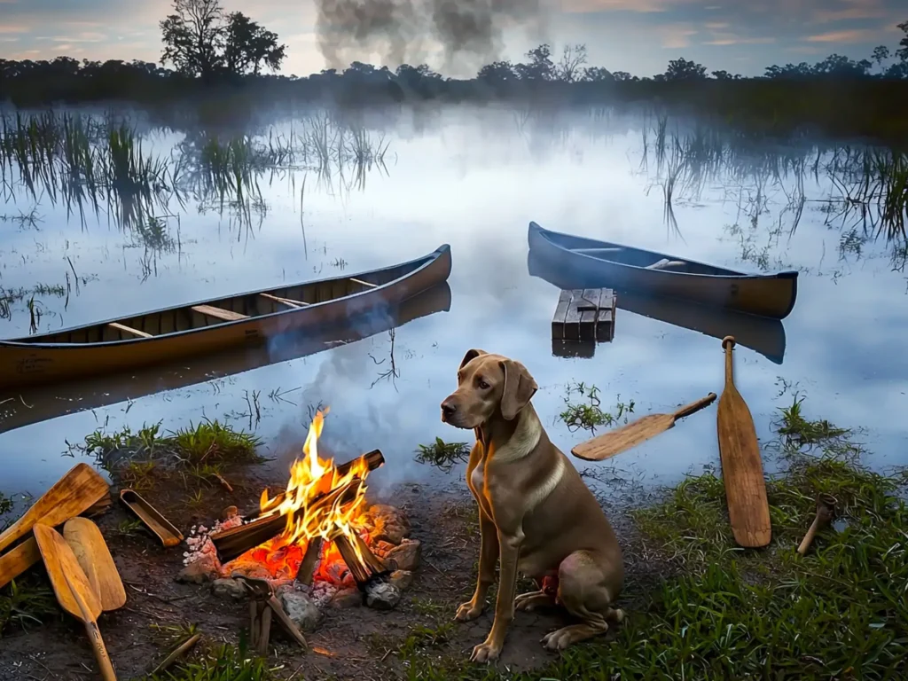 Native American and European breed ancestry of the Catahoula Leopard Dog depicted in a Louisiana setting