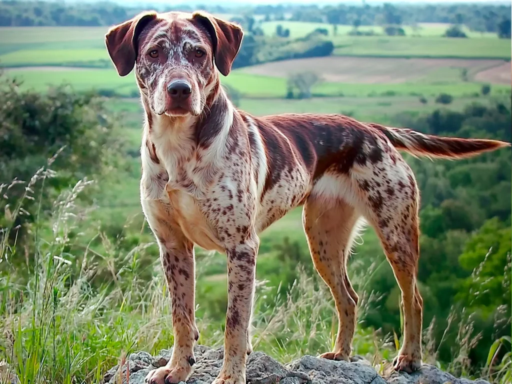 Catahoula Leopard Dog standing on a rocky hill, symbolizing its rarity and resilience.