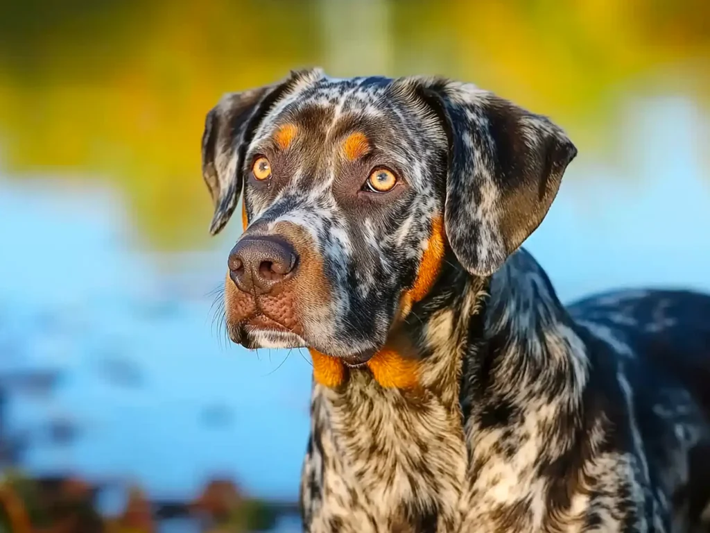 Catahoula Leopard Dog near a lake in Louisiana, representing its Choctaw origins meaning sacred lake