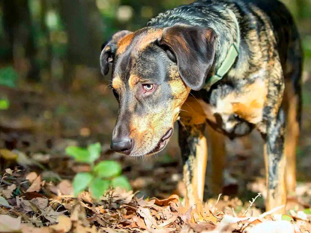 Catahoula Leopard Dog tracking a scent in a forest, showcasing its incredible sense of smell.