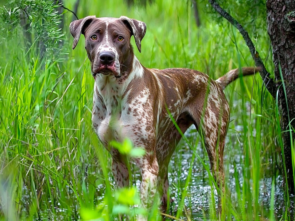 Catahoula Leopard Dog tracking wild hogs in a swamp, demonstrating its versatility as a working dog