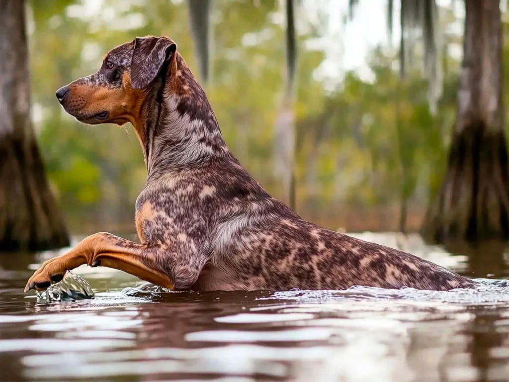 Catahoula Leopard Dog swimming in a Louisiana bayou, showcasing its webbed feet