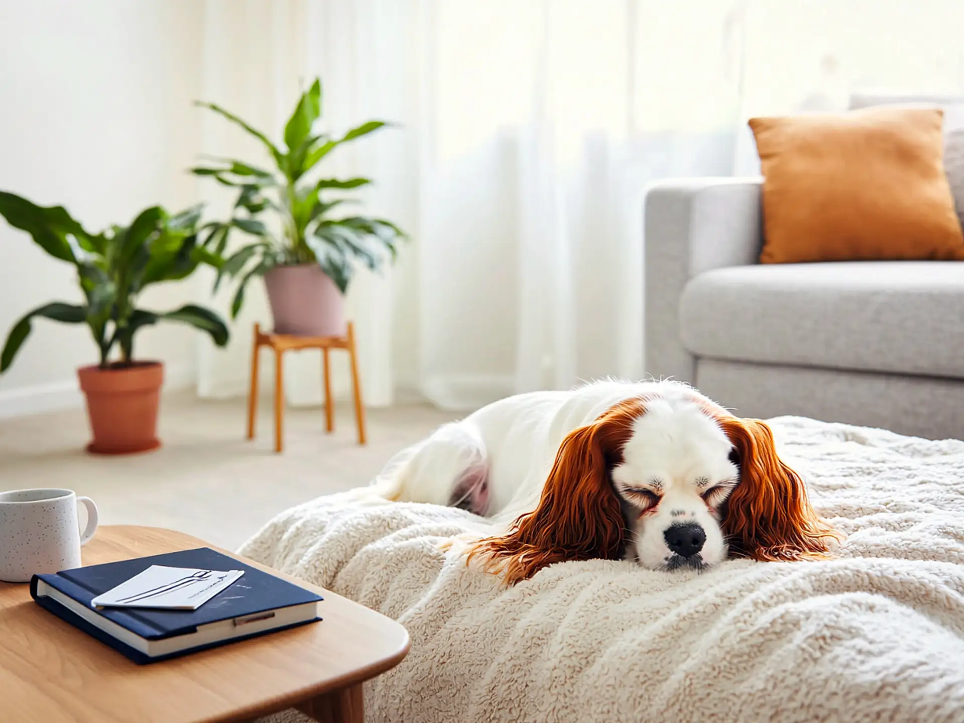 Cavalier King Charles Spaniel resting on a blanket in a cozy living room, showcasing its silky coat and gentle, family-friendly nature.