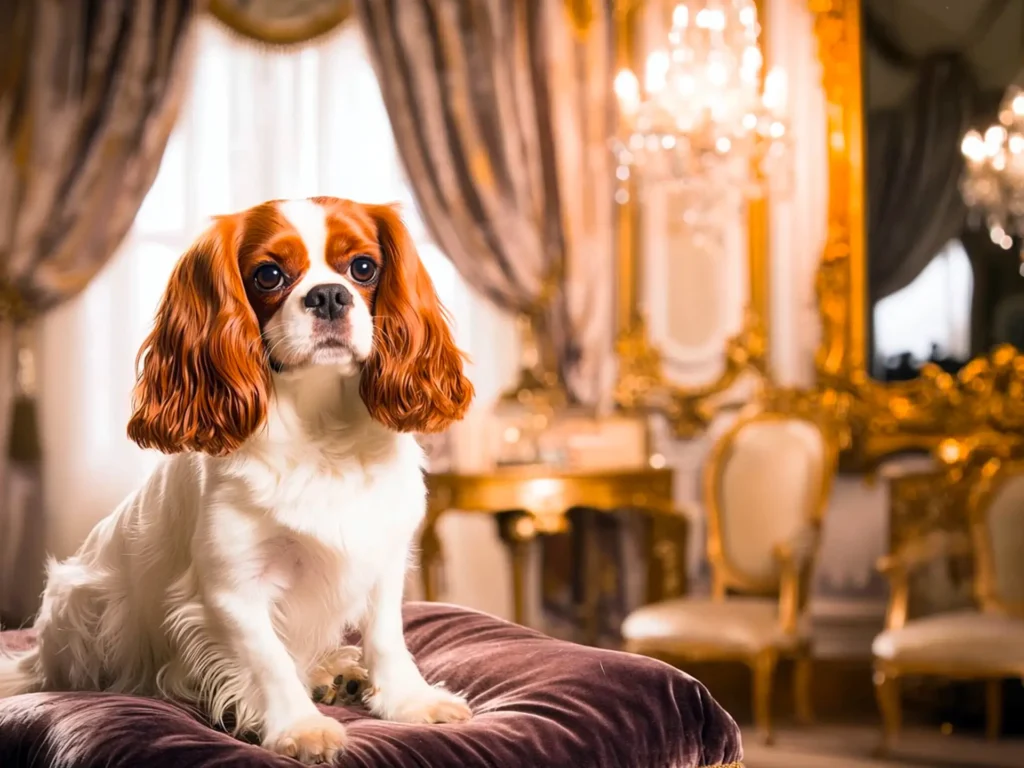 Cavalier King Charles Spaniel sitting in an elegant drawing room, showcasing its silky coat and gentle expression, symbolizing its prestige as one of the most expensive dog breeds.