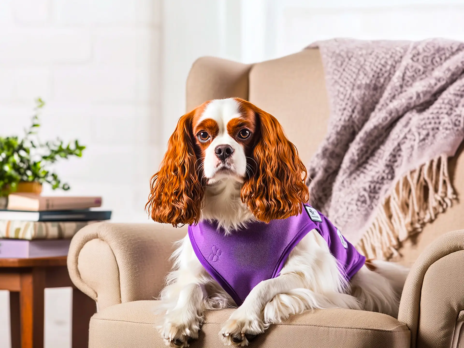 Cavalier King Charles Spaniel therapy dog in a cozy chair, wearing a purple therapy vest, known for its affectionate and calming presence ideal for emotional comfort.