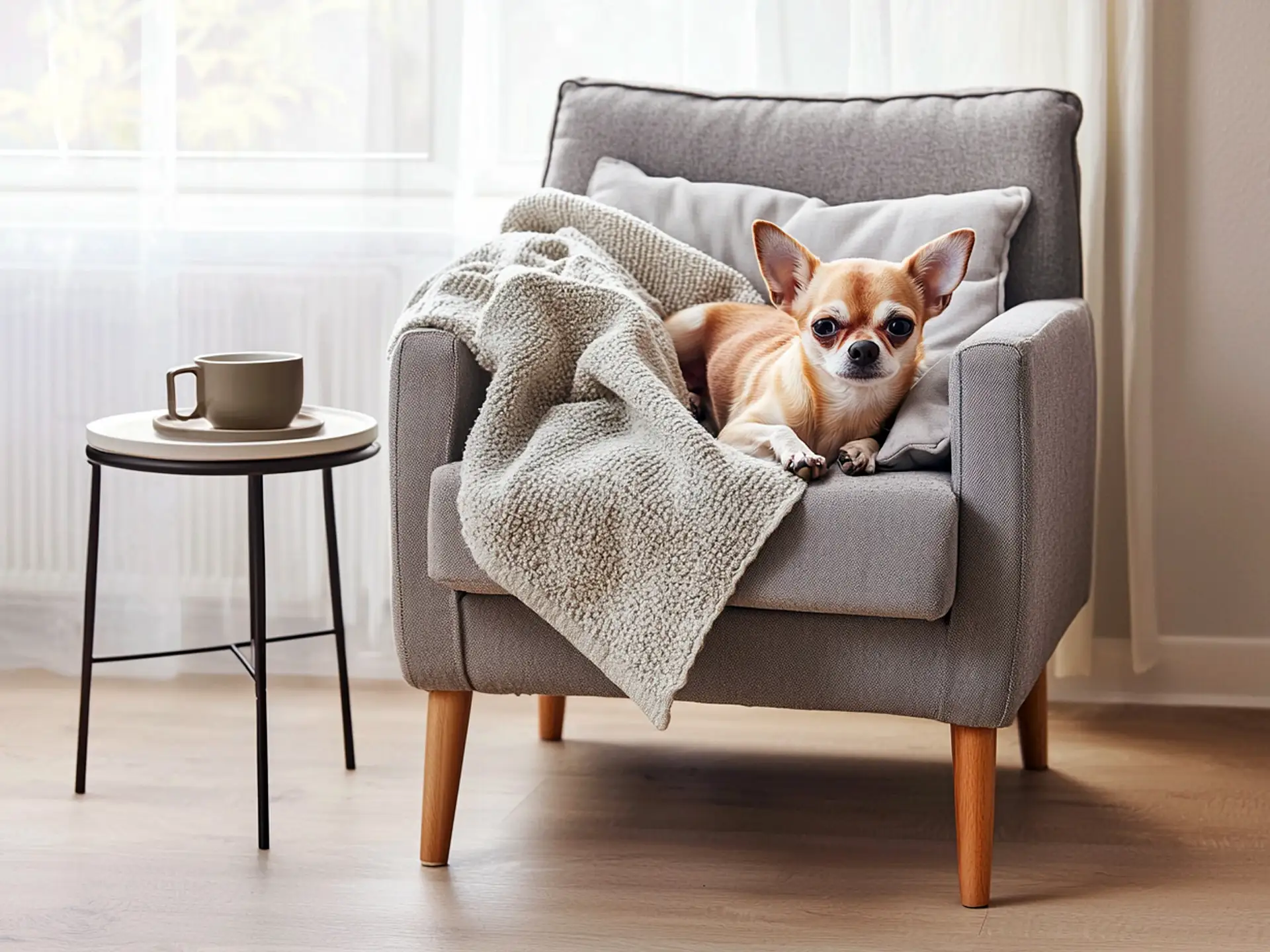 Chihuahua relaxing in a cozy armchair in a small apartment, highlighting its low-maintenance nature and suitability for compact living spaces