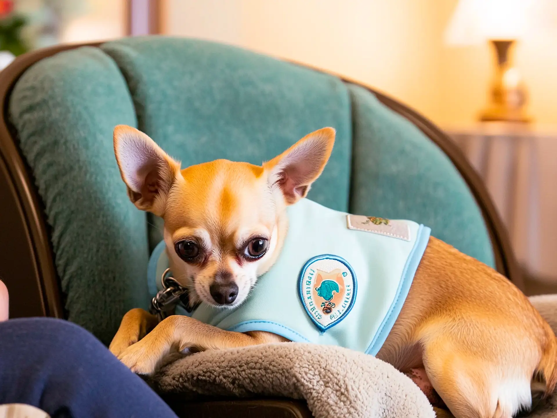 Chihuahua therapy dog wearing a light blue vest, curled up on a patient’s lap in a quiet therapy room, showcasing its affectionate and calming presence.