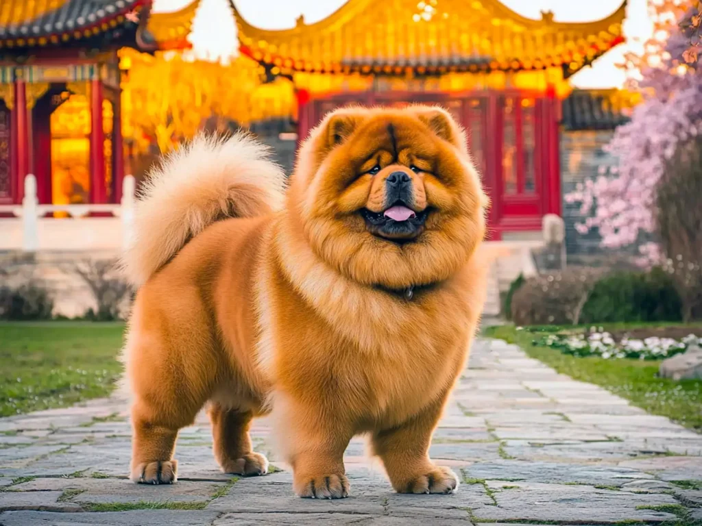 Chow Chow in a traditional Chinese garden, showcasing its thick cinnamon coat and lion-like mane, symbolizing its heritage and luxury as a top expensive dog breed