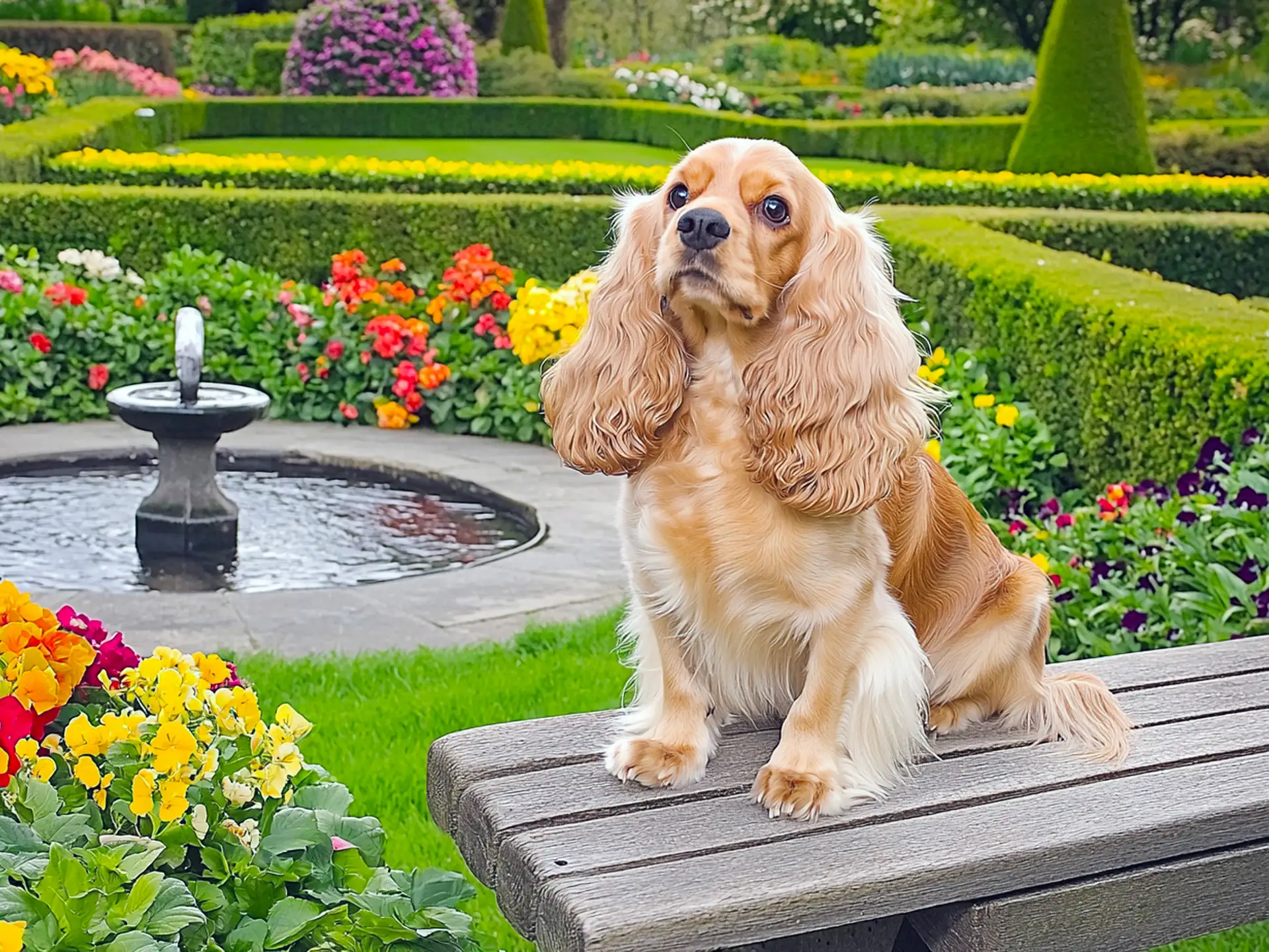 Cocker Spaniel sitting in a garden, showcasing its silky coat and balanced personality, perfect as a loyal, adaptable, and moderately low-maintenance companion.