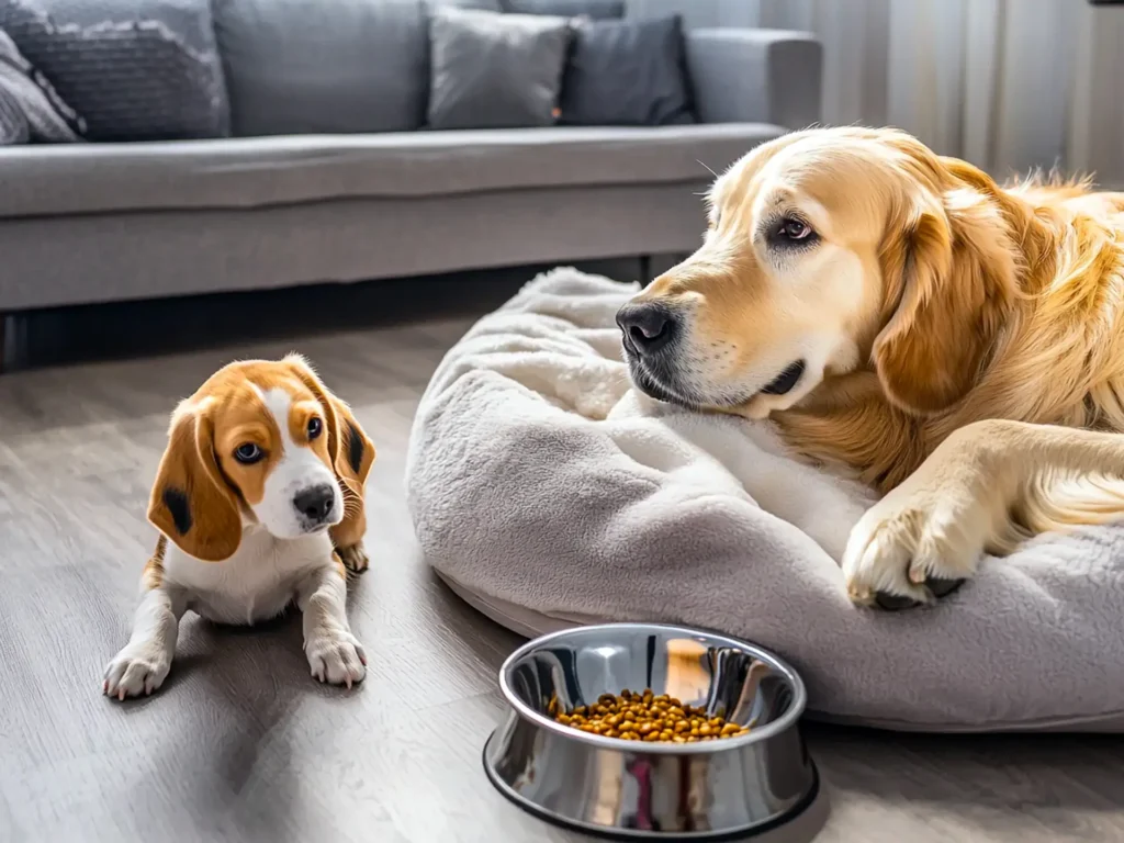 Golden retriever with a full food bowl while a young beagle looks at an empty bowl, symbolizing mistakes in preparing for a second dog