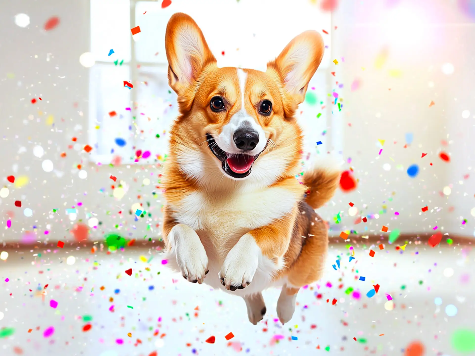 Playful Pembroke Welsh Corgi leaping through colorful confetti, showing why it’s a social media favorite in 2025