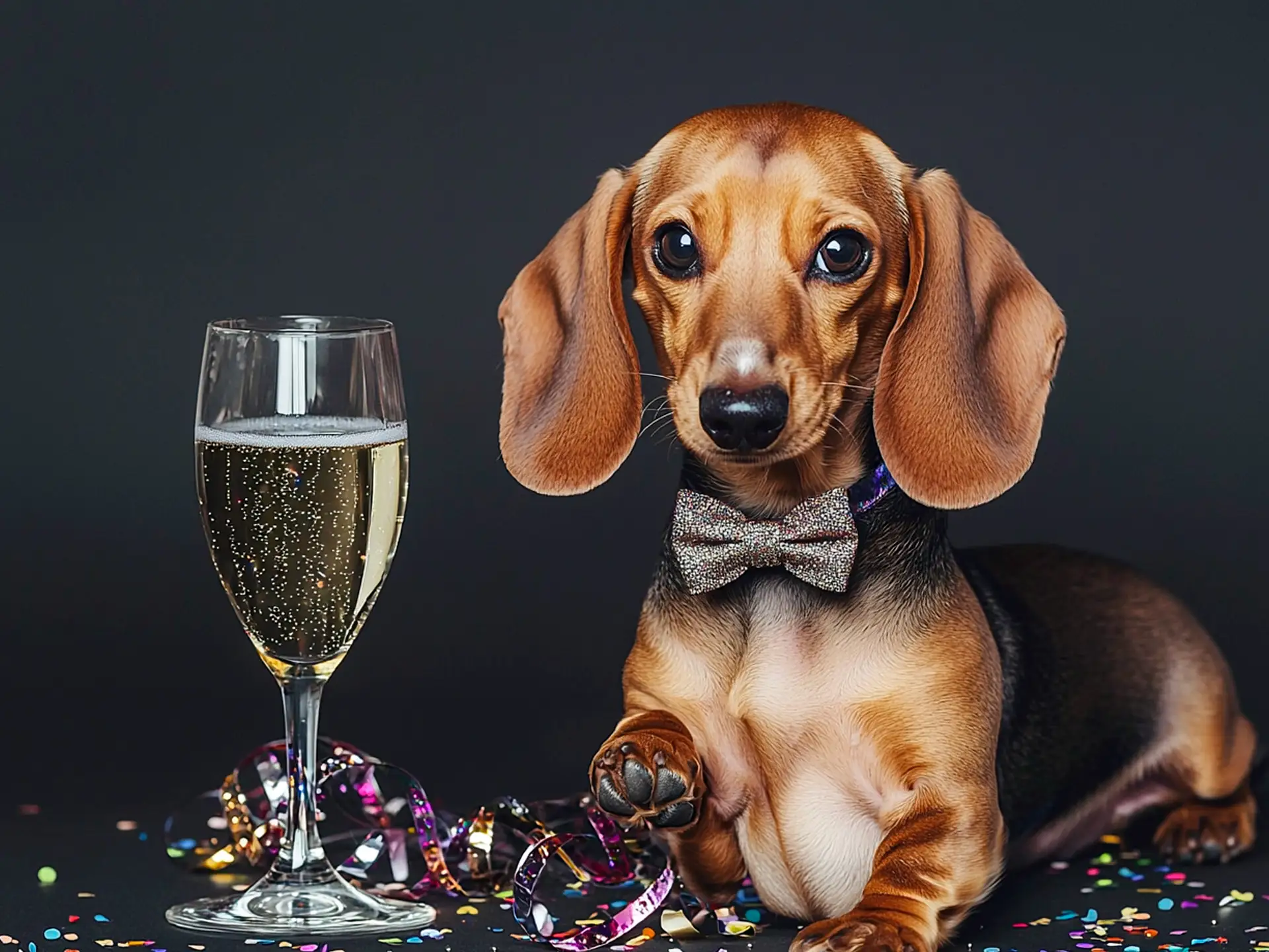 Dachshund sporting a tiny bow tie next to confetti and a celebratory glass, capturing its charm as a favorite breed in 2025