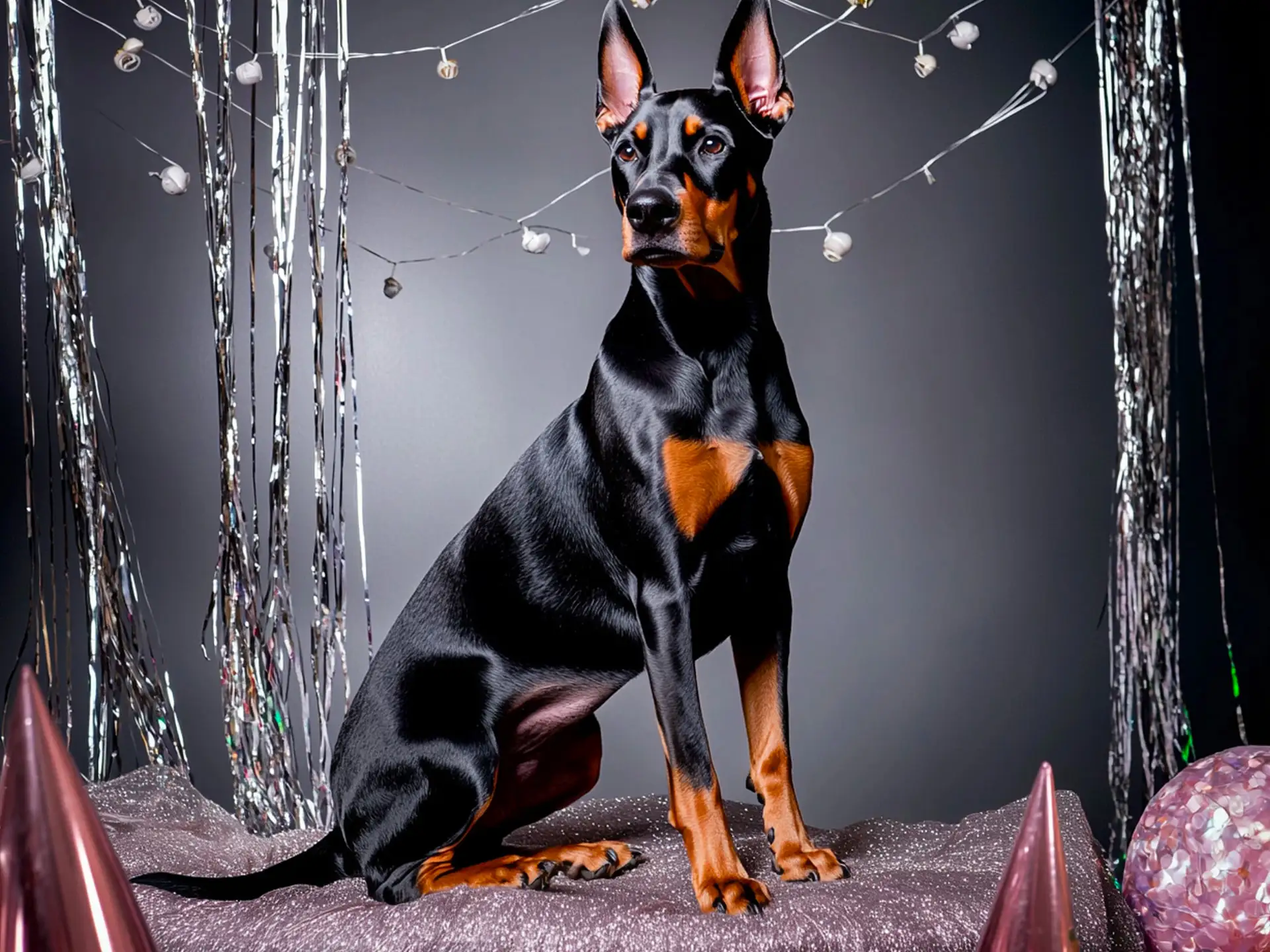 Sleek Doberman Pinscher in an elegant party setting, underscoring its rising popularity as a top breed in 2025