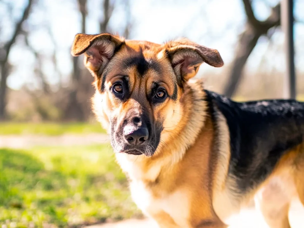 A German Shepherd in a park showing relaxed body language with ears slightly back and tail wagging, teaching how to understand dog behavior.