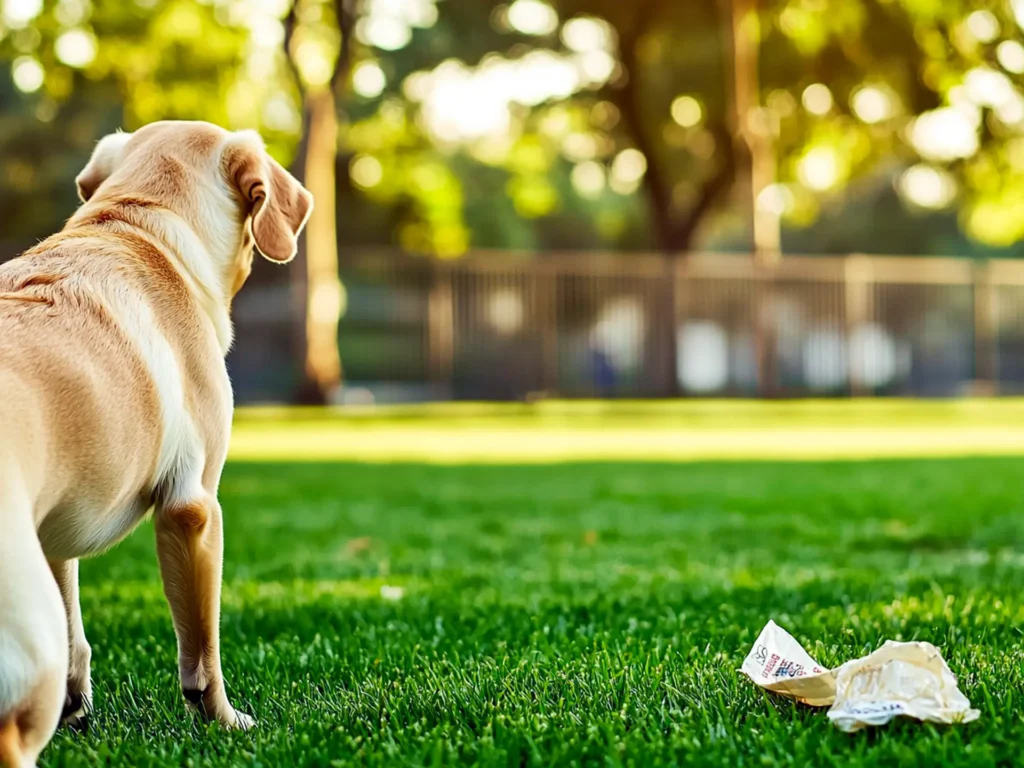 A Labrador in a dog park near a discarded wrapper, showing an example of actions to avoid, such as littering, for a safe and clean environment