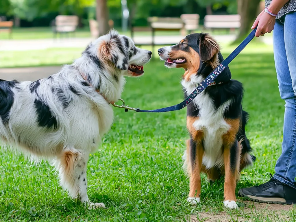 An Australian Shepherd calmly greeting another dog on-leash at a park, demonstrating proper dog park etiquette for a positive visit.