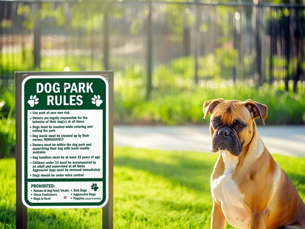 A Boxer sitting near a park regulation sign at a dog park, highlighting the importance of following legal requirements and rules.