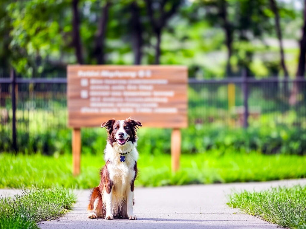 A Border Collie sitting on a sunny path in a dog park with blurred park rules in the background, highlighting the importance of responsible pet ownership