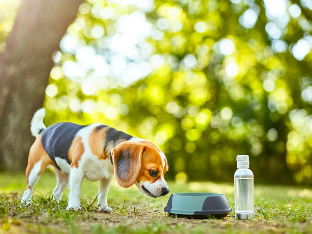 A Beagle drinking water from a portable bowl at a sunny dog park, illustrating essential health and safety measures like proper hydration