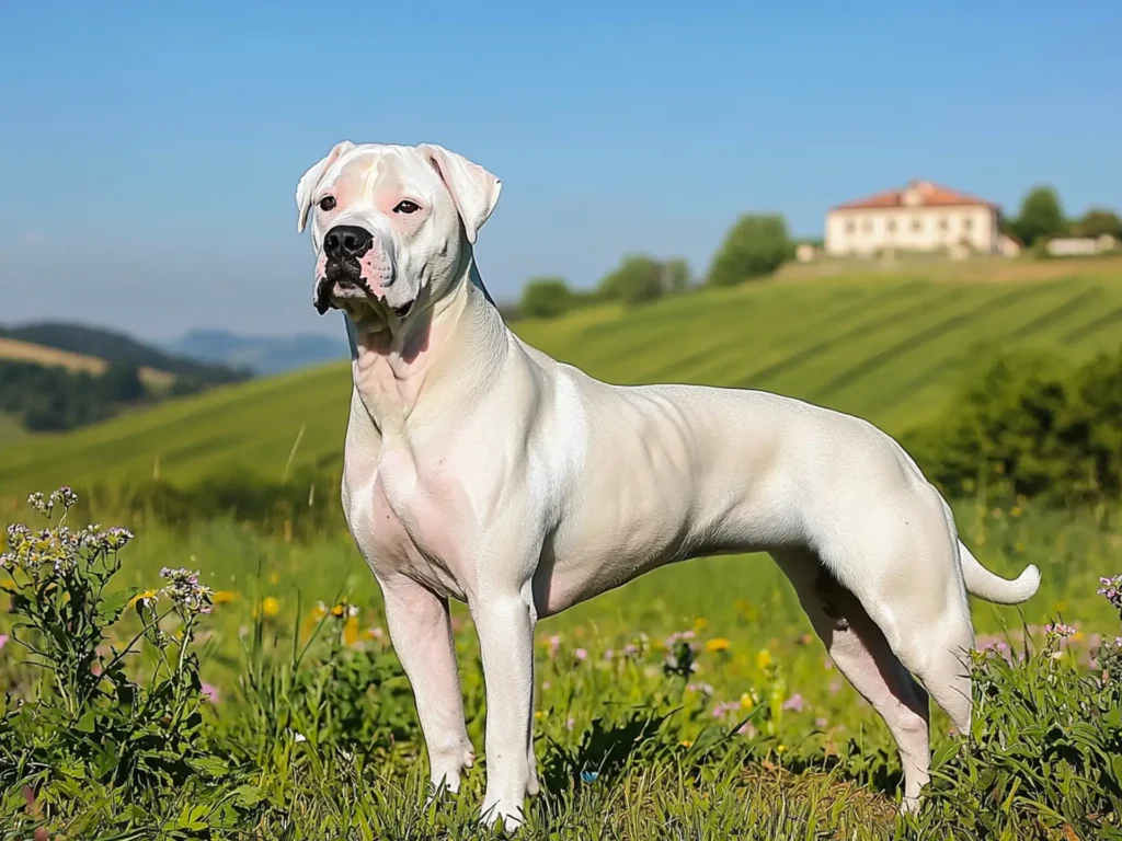 Dogo Argentino standing in a sunlit field, showcasing its muscular white coat and confident stance, symbolizing its prestige as one of the most expensive dog breeds.