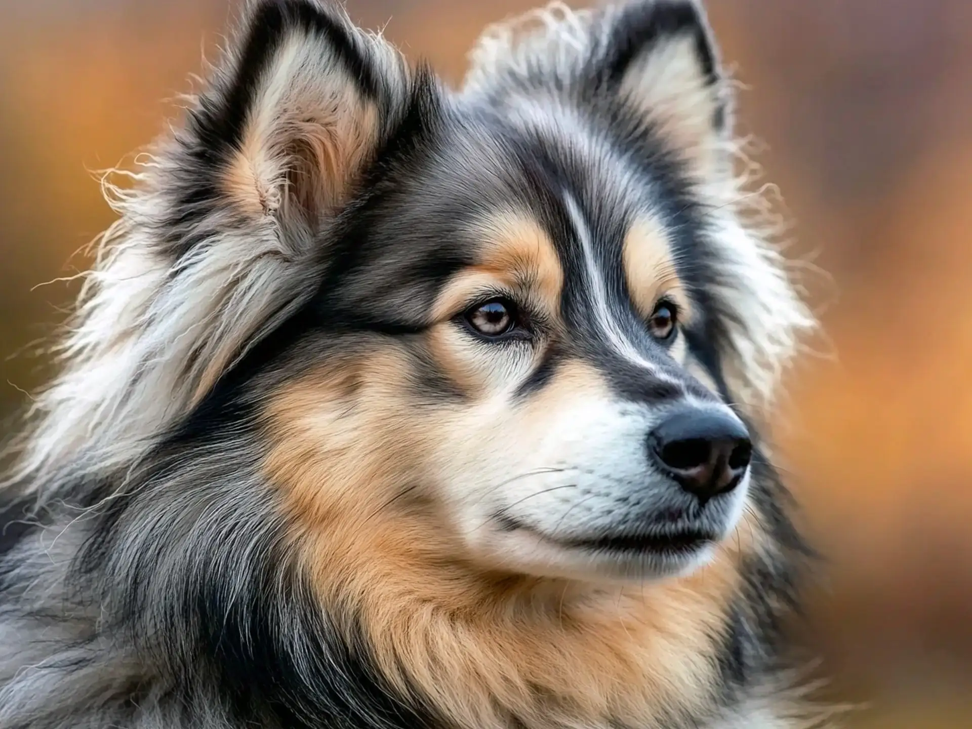 Close-up of a Finnish Lapphund's face, highlighting its expressive eyes, pointed ears, and thick fur.