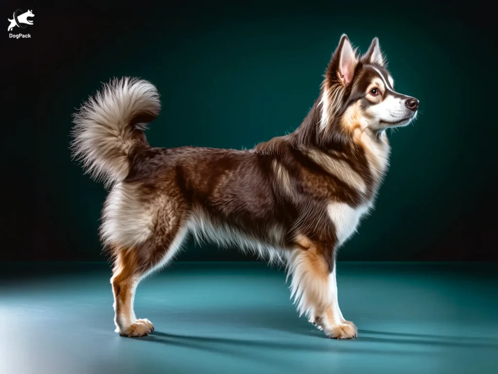 Finnish Lapphund Dog breed full body view standing against green background