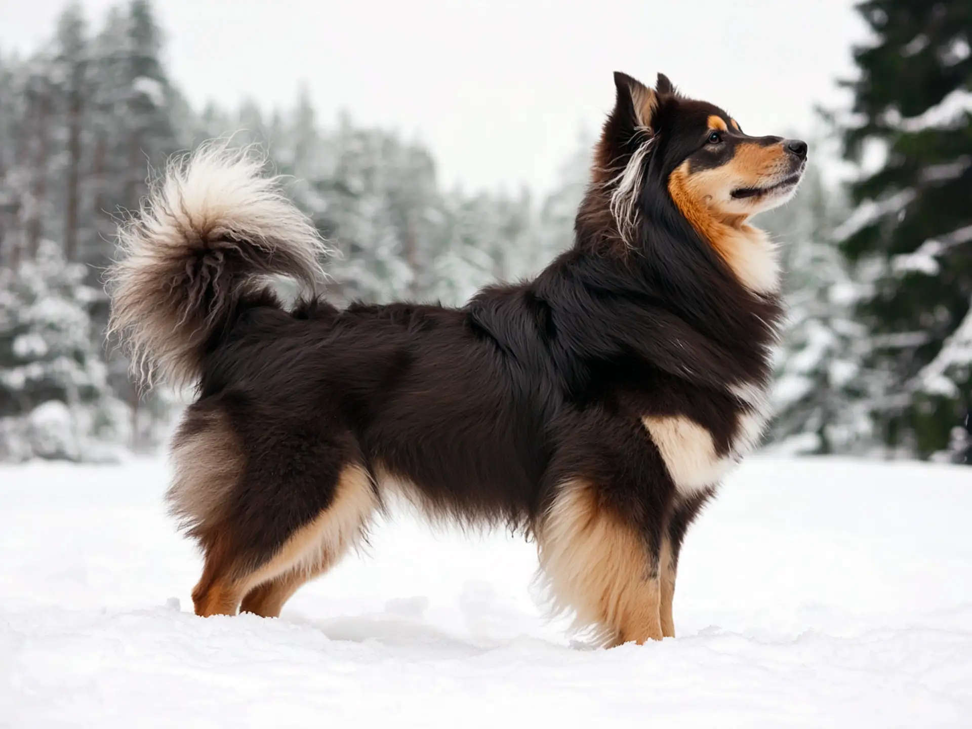 Side profile of a Finnish Lapphund in a snowy landscape, highlighting its distinctive markings and luxurious coat.