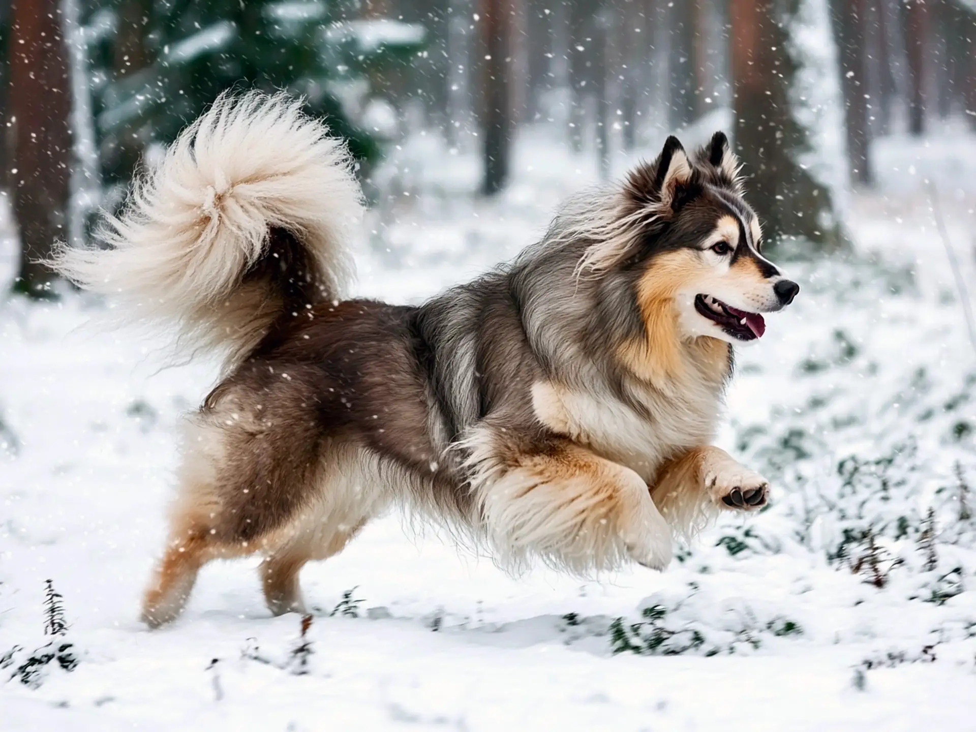 Playful Finnish Lapphund running through the snow, displaying its fluffy tail and energetic demeanor