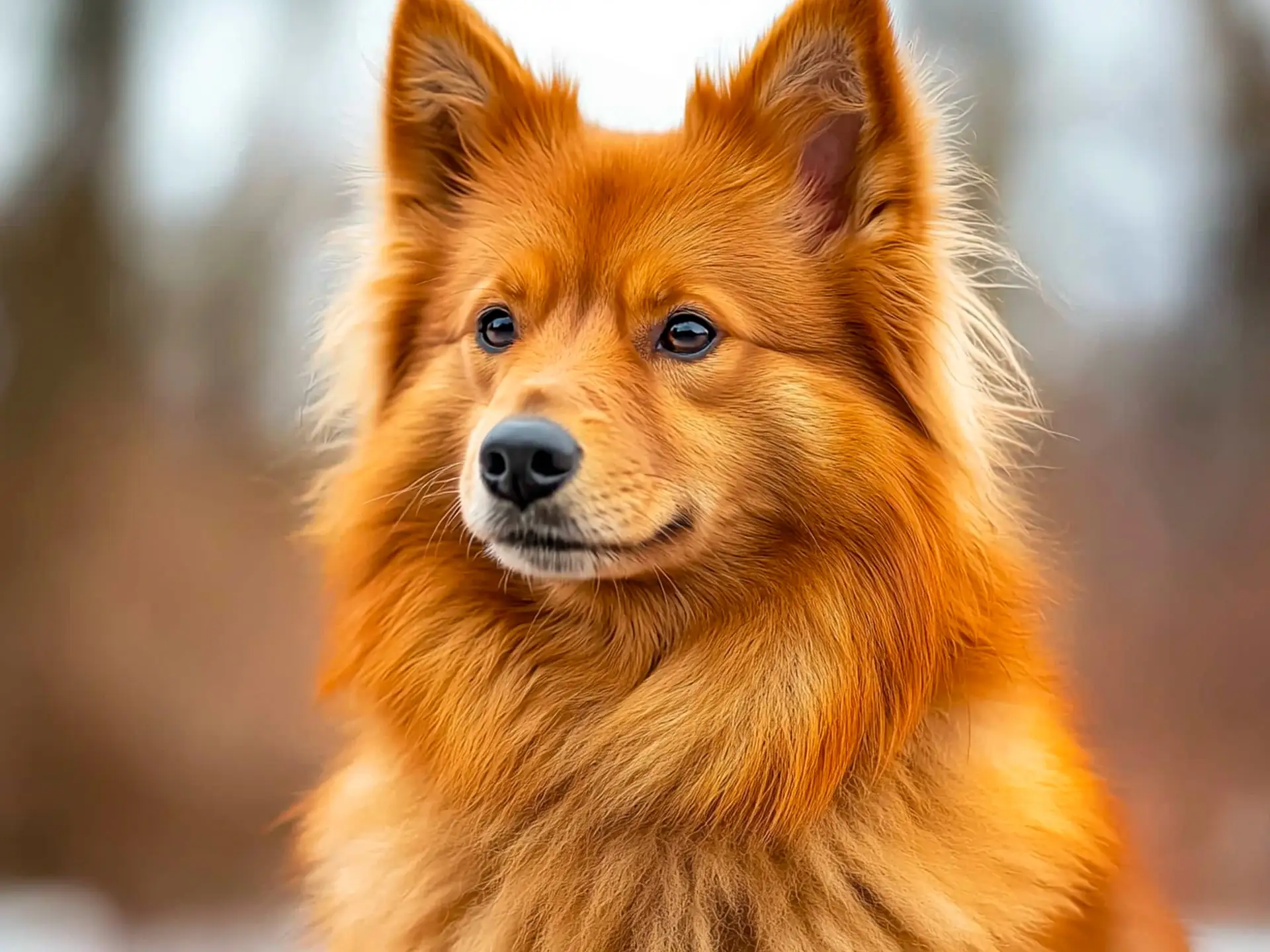 Close-up of a Finnish Spitz face with a focused expression, highlighting its fluffy fur and upright ears