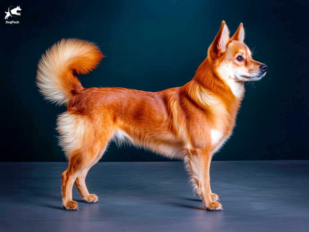 Finnish Spitz Dog breed full body view standing against green background