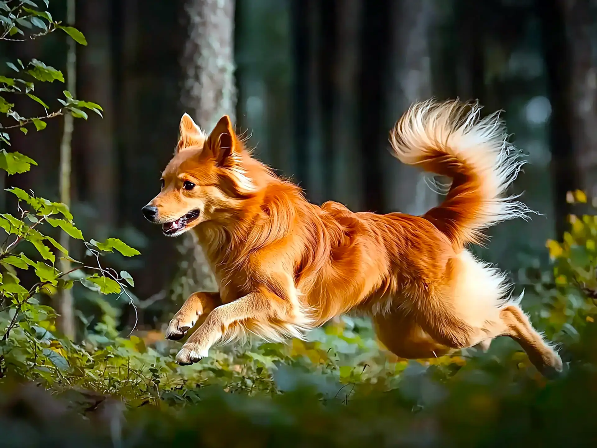 Finnish Spitz mid-run in a lush forest, showcasing its agility and vibrant red coat