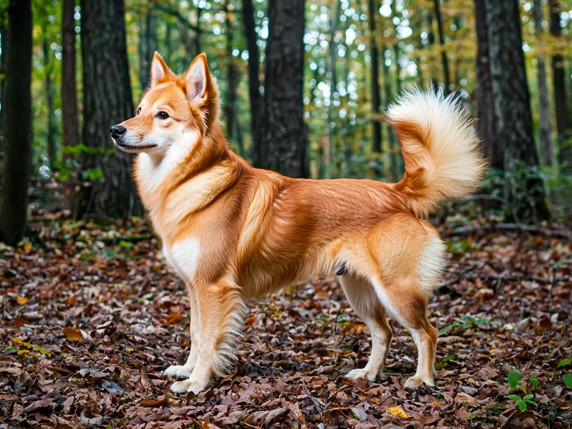 Side profile of a Finnish Spitz dog standing on a forest floor surrounded by fallen leaves